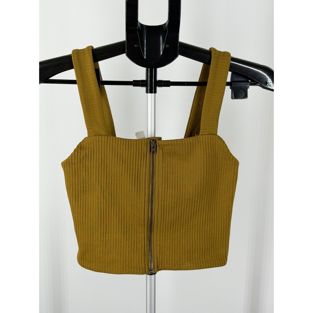 Offline by Aerie Women Mustard Green Ribbed Zip Front Crop Top Tank Size Medium